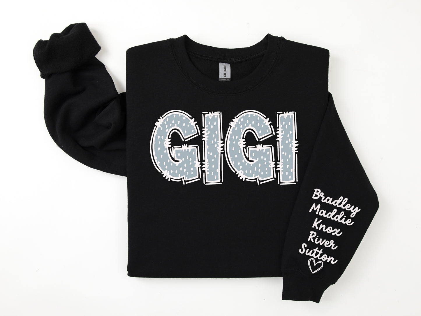 Gildan Adult Crew Fleece- Custom Grandma/Mom Sweatshirt With Names: Blue Dots (Made To Order)