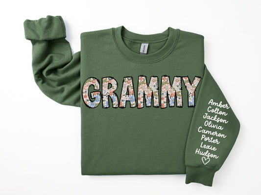 Gildan Adult Crew Fleece- Custom Grandma/Mom Sweatshirt With Names: Cream Floral (Made To Order)