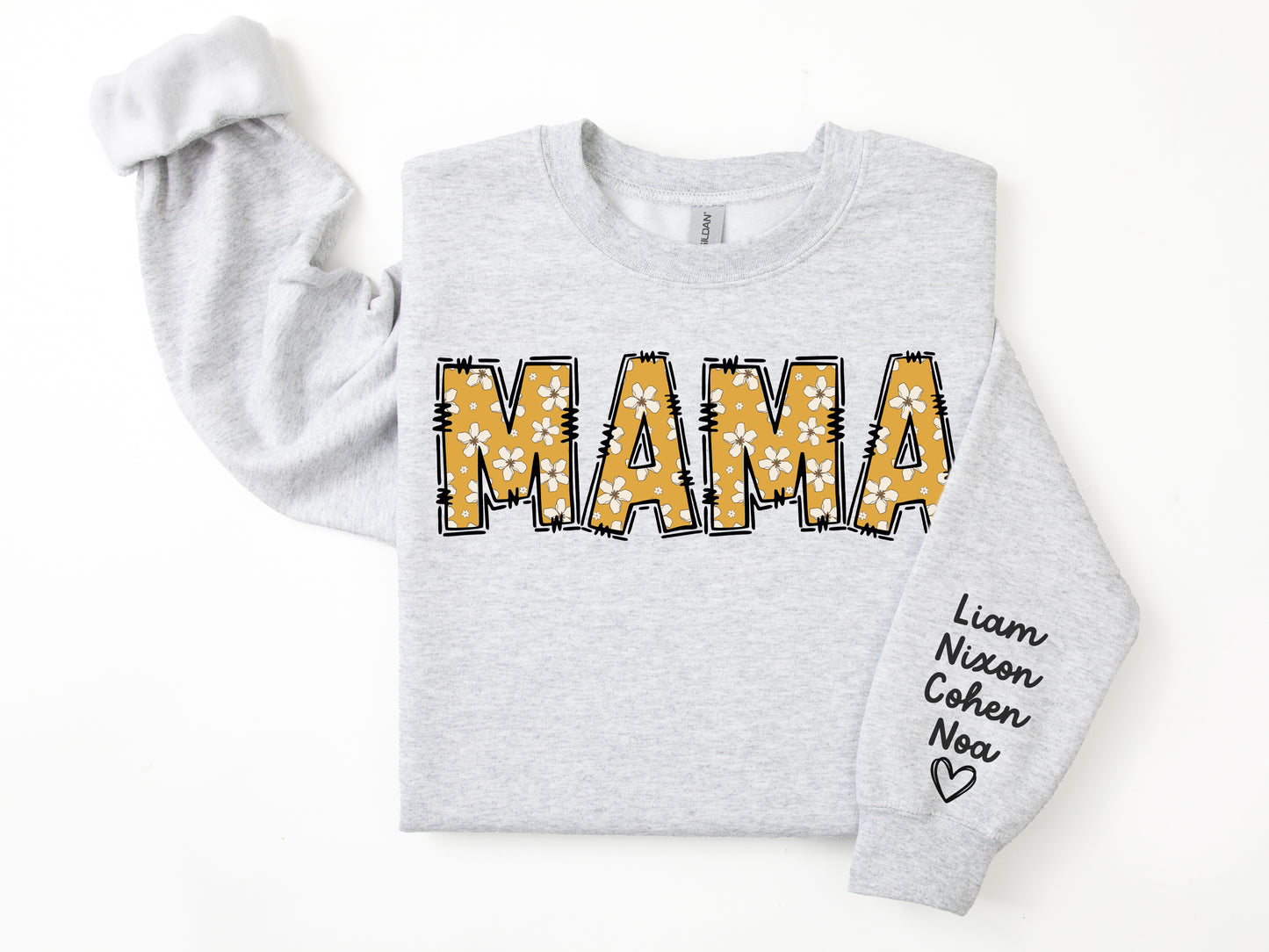 Gildan Adult Crew Fleece- Custom Grandma/Mom Sweatshirt With Names: Yellow Floral (Made To Order)